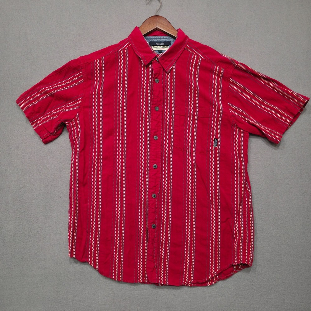 Vintage Hilfiger Denim Men's Red Striped Short Sleeve Button Up Shirt Size L